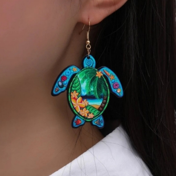 Tropical Turtle Dangle Earrings Resin Acrylic Stainless Steel Earwires NEW - Picture 4 of 7